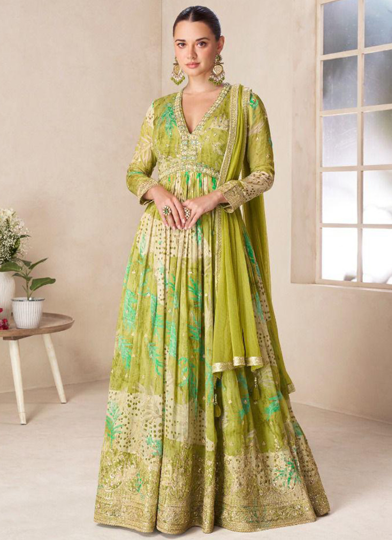 Grey faux chiffon digital print anarkali